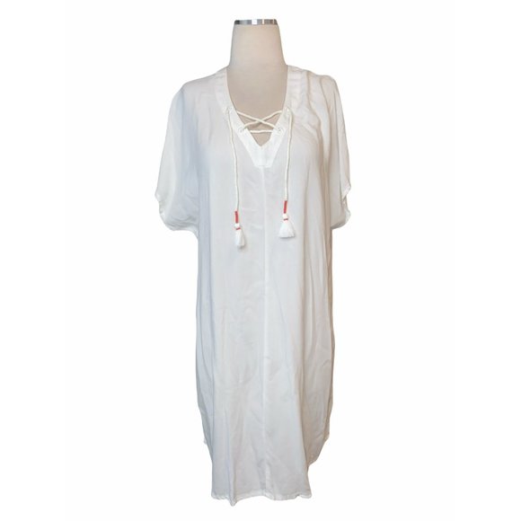 Bobi Ivory Lace up Front Tunic Dress New Women's Mini Boho Coverup - Picture 2 of 8